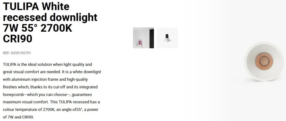 Spot LED incastrabil TULIPA White recessed downlight 7W 55° 2700K CRI90