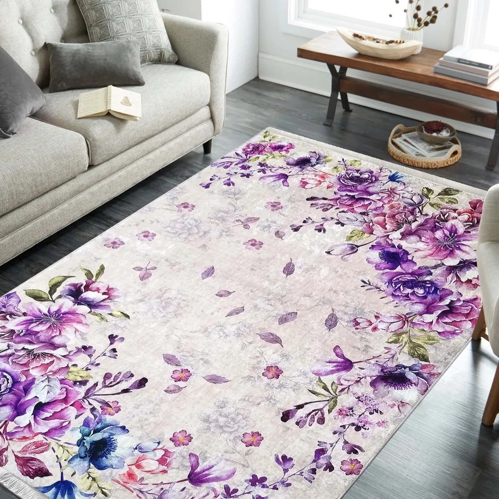 Covor antiderapant mov cu model floral Lățime: 160 cm | Lungime: 220 cm