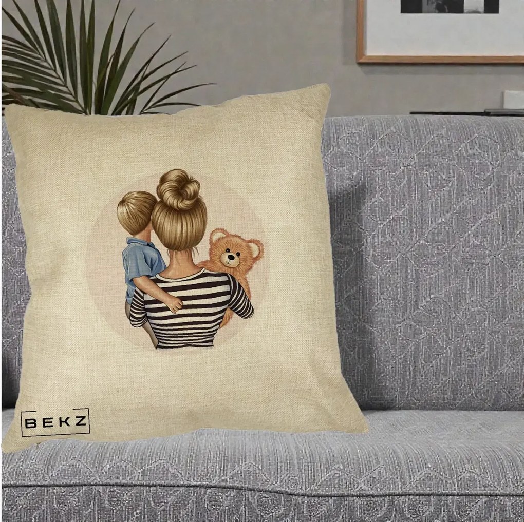 Cadou pentru Mama - Perna Personalizata Mama si Baietelul cu Ursulet, 40x40 cm, Crem, Husa Detasabila, Perna Inclusa, BEKZ®