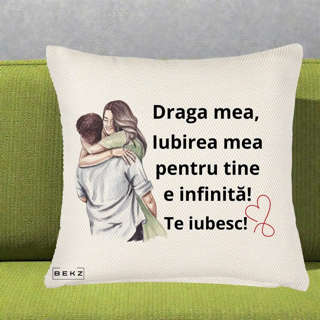 Cadou pentru Iubita - Perna Personalizata Draga Mea Iubirea Mea Infinita Te Iubesc cu Cuplu Acuarela, 40x40 cm, Crem Reliefat, Husa Detasabila, Perna Inclusa, BEKZ®