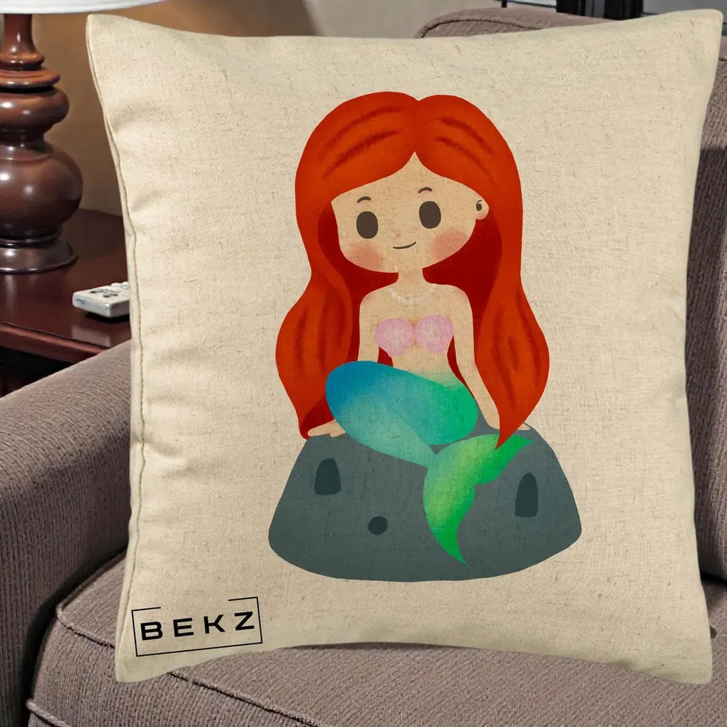 Perna Personalizata Sirena Kawaii Roscat, 40x40 cm, Bej, Husa Detasabila, Perna Inclusa, BEKZ®
