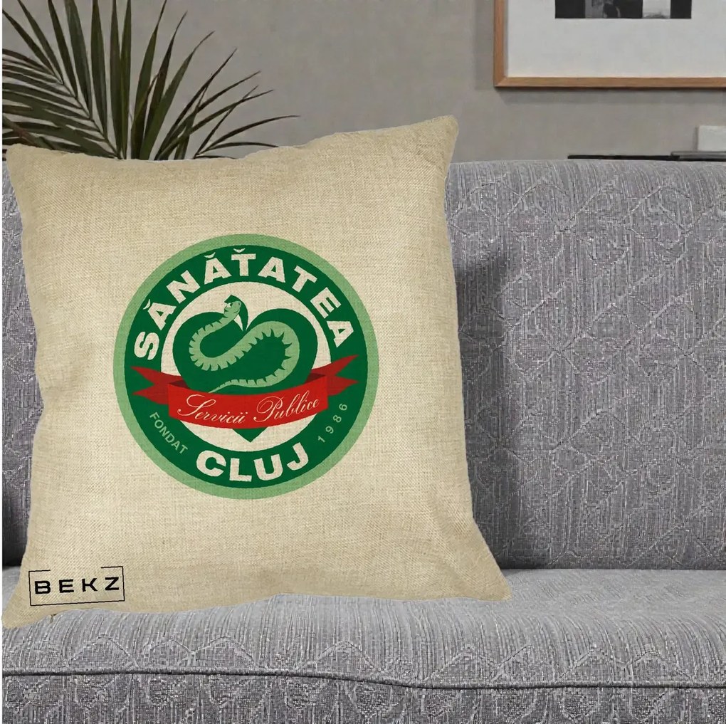 Perna Personalizata Sanatatea Cluj Servicii Publice 1986, 40x40 cm, Crem, Husa Detasabila, Perna Inclusa, BEKZ®