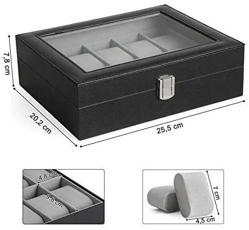 Cutie pentru ceasuri, Songmics, capacitate 20.2 x 25.5 x 7.8 cm, JWB010BK, Gri