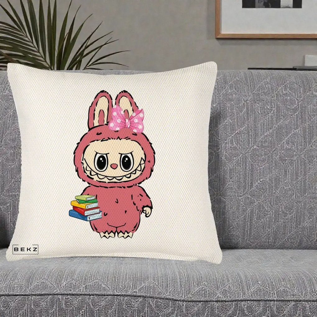 Perna Personalizata Labubu Roz cu Funda si Carti, 40x40 cm, Crem Reliefat, Husa Detasabila, Perna Inclusa, BEKZ®