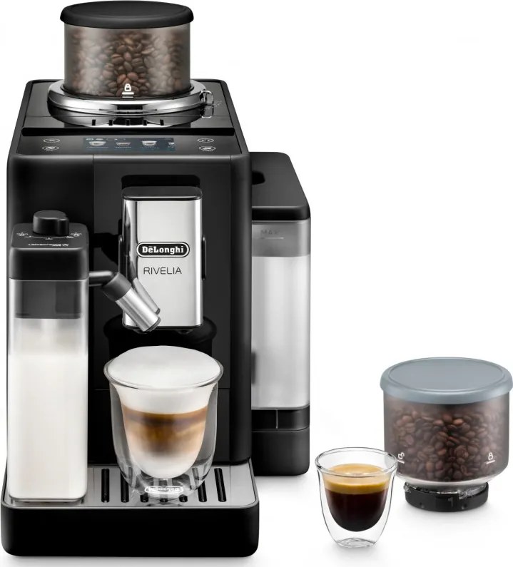 Mașină de espresso DeLonghi Rivelia Onyx Black EXAM440.55.B, 1450 W, 19 bari, 1,4 L, 16 băuturi, Aroma, LatteCrema Hot, Twin Shot, Bean Adapt, ecran tactil TFT, negru mat