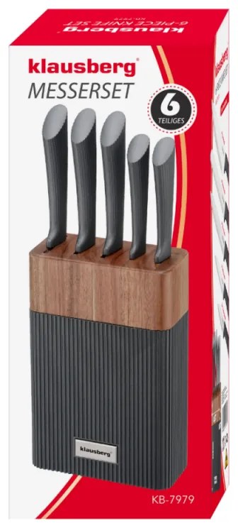 Set cuțite Klausberg KB 7979, 6 piese, Oțel inoxidabil, Suport, Grafit/maro