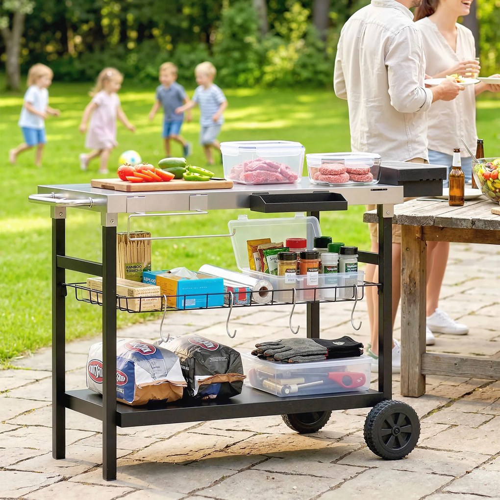 Outsunny Cărucior de grădină cu 3 niveluri, blat din inox, roți, cârlige, coș detașabil, mâner lateral, 114x61x81 cm, negru | Aosom Romania