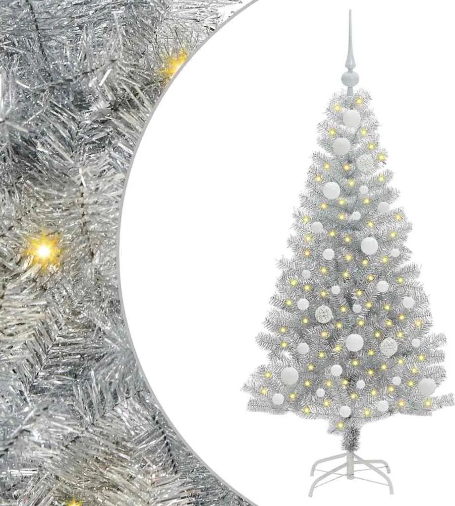 vidaXL Brad de Crăciun cu 150 LED cu suport Argintiu 120 cm PET