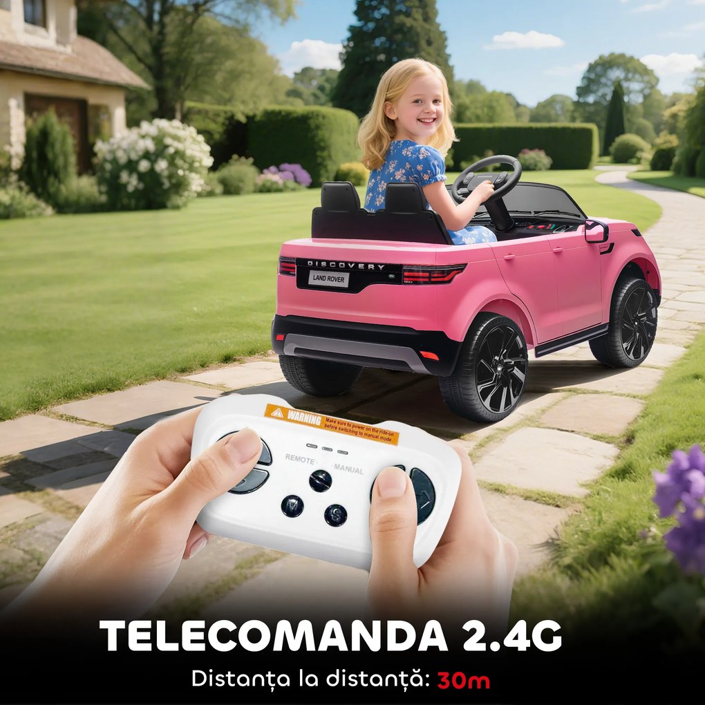 HOMCOM Mașină Electrică pentru Copii 3-6 Ani cu Licență Land Rover Discovery 12V, 2.5-4.5 km/h Auto Electrică pentru Copii cu 2 Motoare, Suspensii, Telecomandă, USB, Muzică, Faruri și Claxon, Roz | Aosom Romania