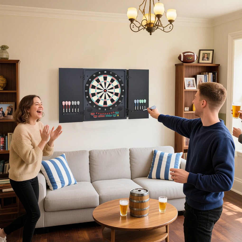 HOMCOM Tabla de Darts Electronică Profesională cu 6 Display-uri, 12 Săgeți, 27 Moduri de Joc, 51x6.5x57cm, Negru | Aosom Romania