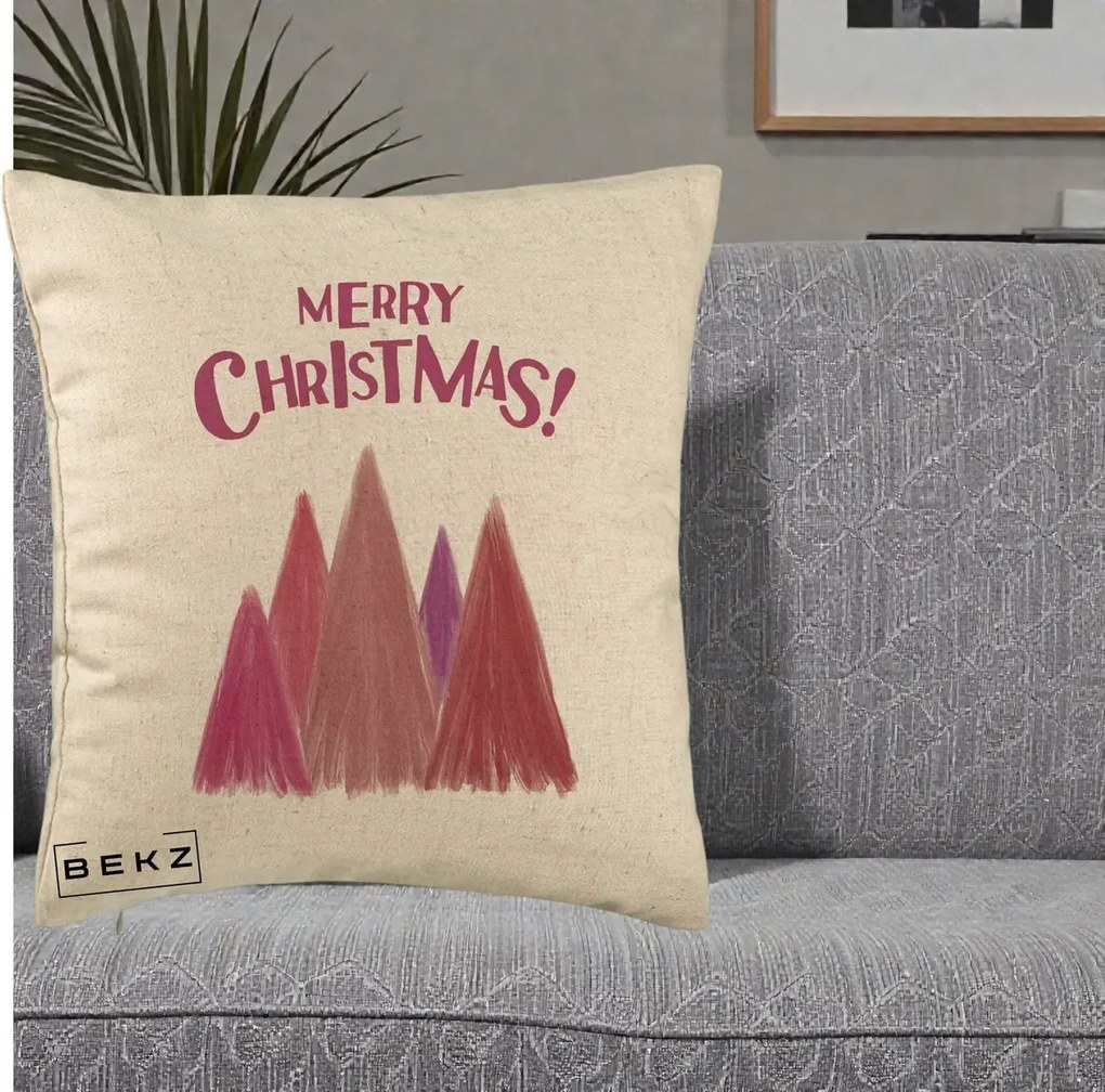 Perna Decorativa Merry Christmas Brazi Roz, 40x40 cm, Bej, Husa Detasabila, Perna Inclusa, BEKZ®