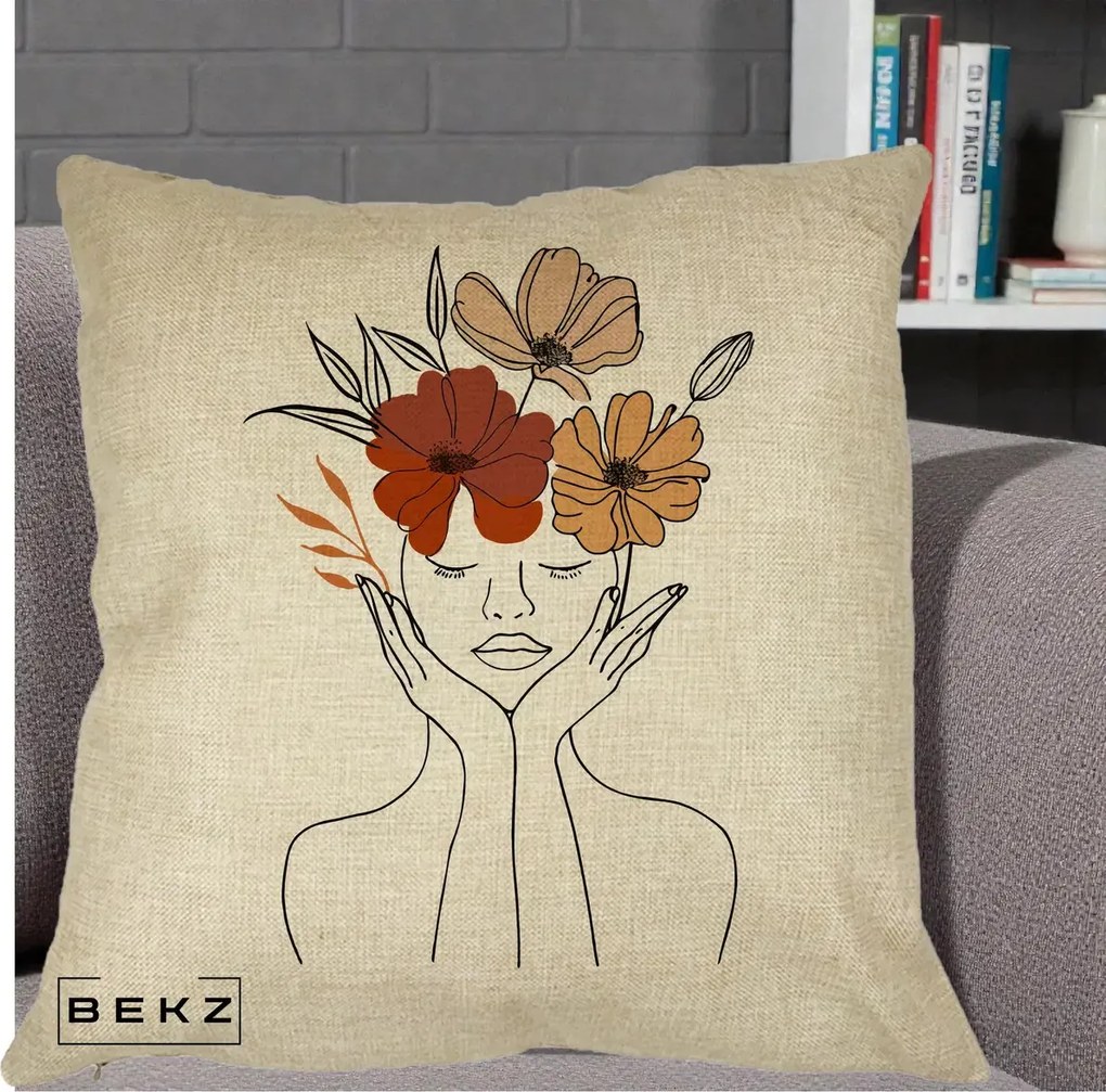 Perna Decorativa Portret Feminin Coroana Trei Flori, 40x40 cm, Crem, Husa Detasabila, Perna Inclusa, BEKZ®