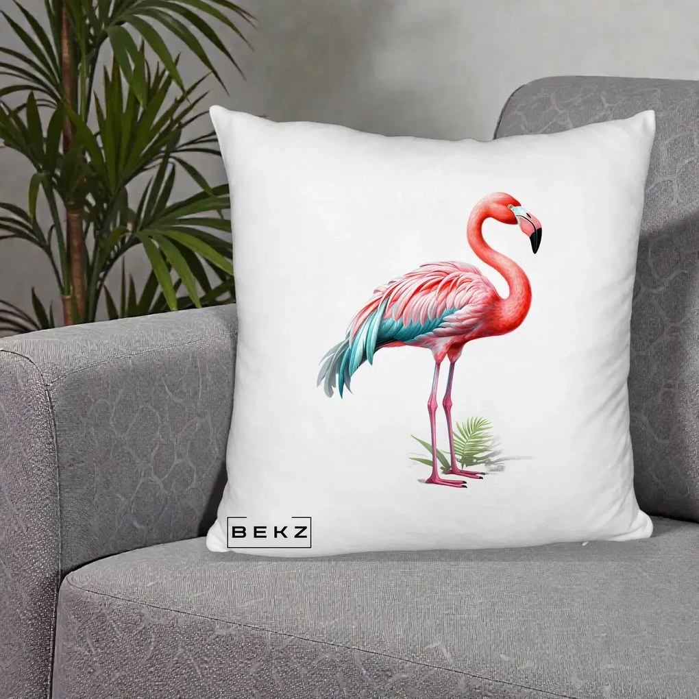Perna Decorativa Flamingo Roz cu Pene Teal, 40x40 cm, Alb Pufos, Husa Detasabila, Perna Inclusa, BEKZ®