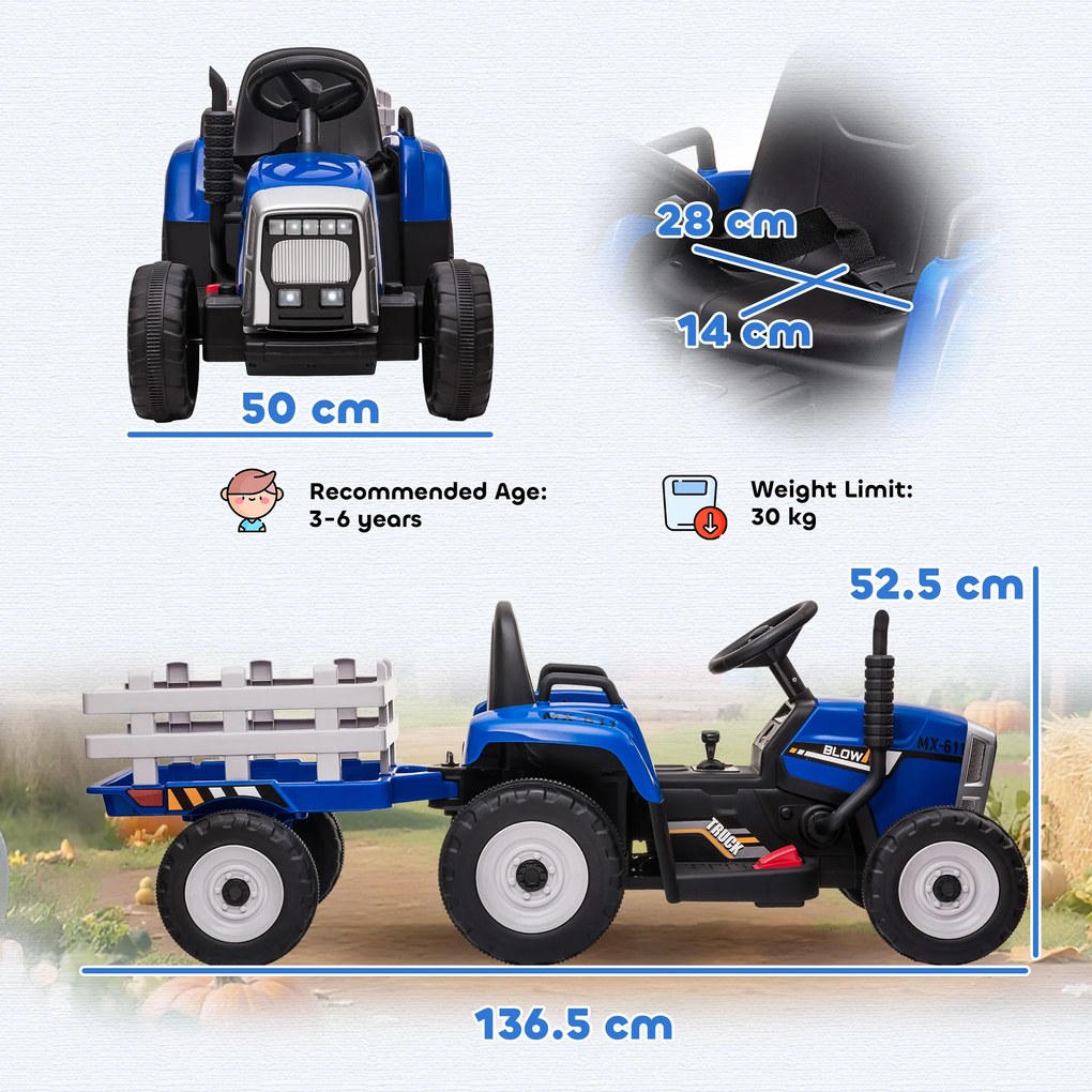 HOMCOM Tractor Electric pentru Copii cu Remorcă Detașabilă, Telecomandă, Port USB, Muzică și Lumini, 3-6 Ani, Albastru | Aosom Romania