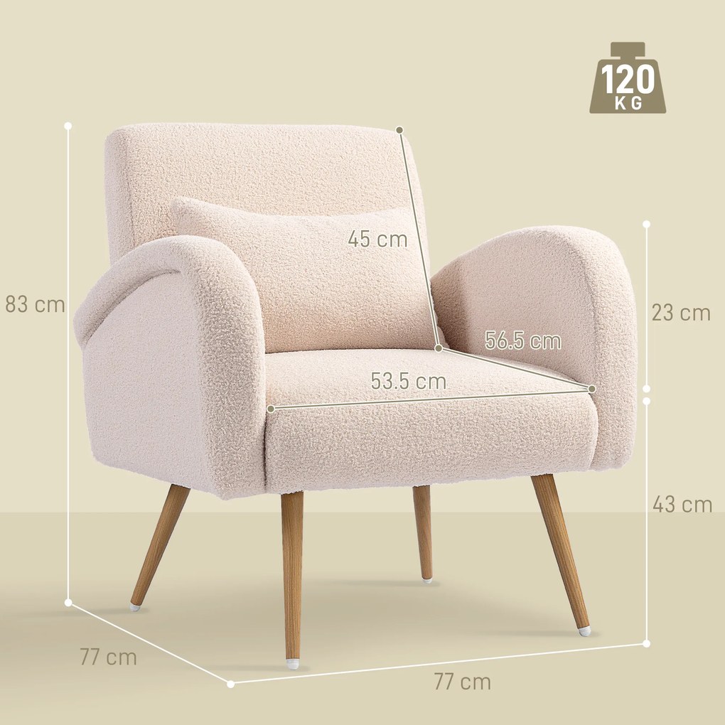 HOMCOM Fotoliu pentru Sufragerie Captusit, Fotoliu de Cameră în Material Teddy cu Pernă Lombardă, Fotoliu de Lectură cu Picioare cu Efect de Lemn din Metal pentru Sufragerie și Birou, 77x77x83 cm, Bej | Aosom Romania