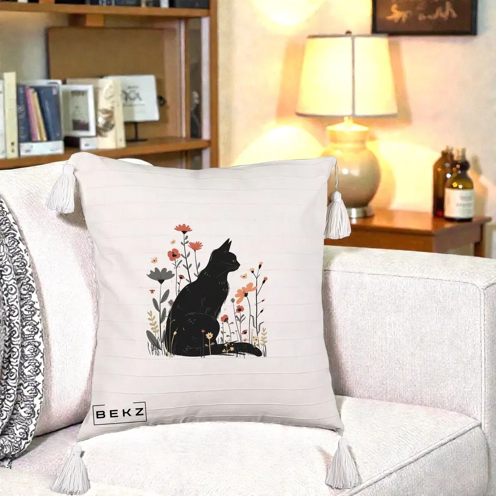 Perna Decorativa Pisica Neagra Profil Flori Portocalii, 40x40 cm, Bej cu Franjuri, Husa Detasabila, Perna Inclusa, BEKZ®