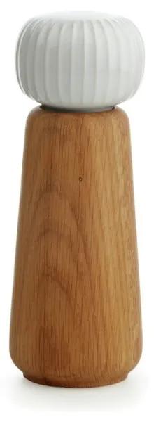Râșniță pentru condimente din lemn de stejar cu detalii din porțelan alb Kähler Design Hammershoi, înălțime 17,5 cm