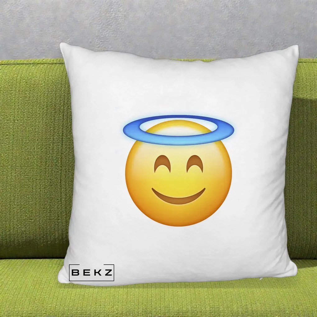 Perna Decorativa Emoji Inger cu Aureola, 40x40 cm, Alb Pufos, Husa Detasabila, Perna Inclusa, BEKZ®