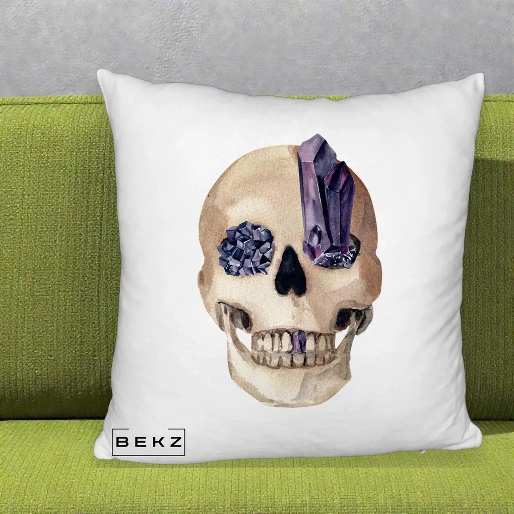 Perna Decorativa Craniu cu Cristale de Ametist, 40x40 cm, Alb Pufos, Husa Detasabila, Perna Inclusa, BEKZ®