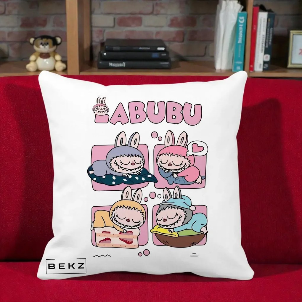 Perna Personalizata Labubu Sleeping Quad Grid, 40x40 cm, Alba Mata, Husa Detasabila, Perna Inclusa, BEKZ®