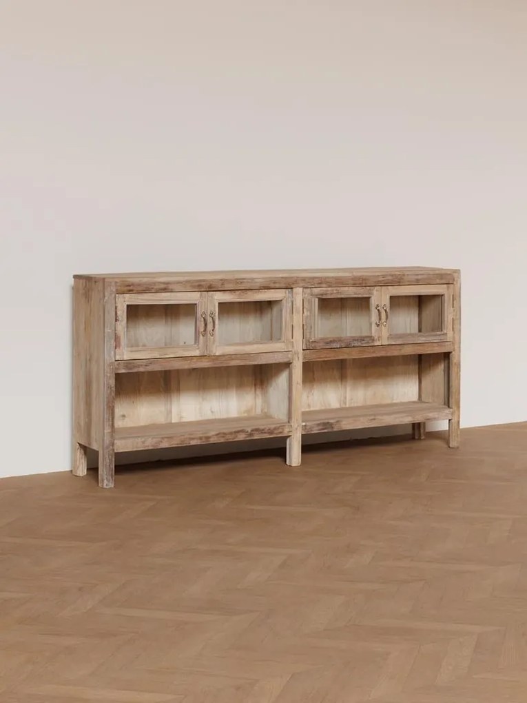 Bufet din lemn reciclat, natur, cu 4 uși vitrate și rafturi deschise, aspect rustic, finisaj natural, 89 x 192 x 34 cm, „Pinot”
