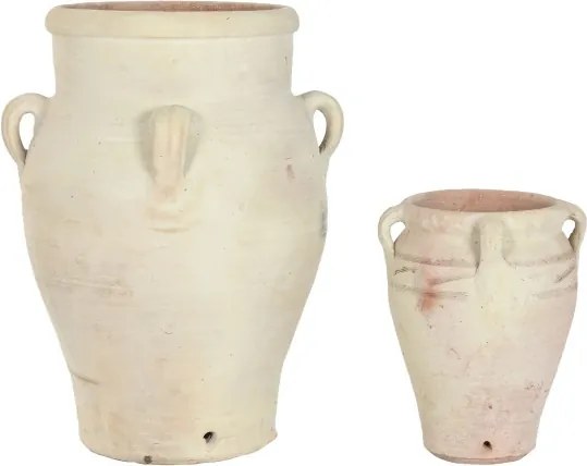 Set 2 amfore decorative din teracotă artizanală, finisaj craft alb-crem, 4 anse, 53×53×72 cm, „Jerba"