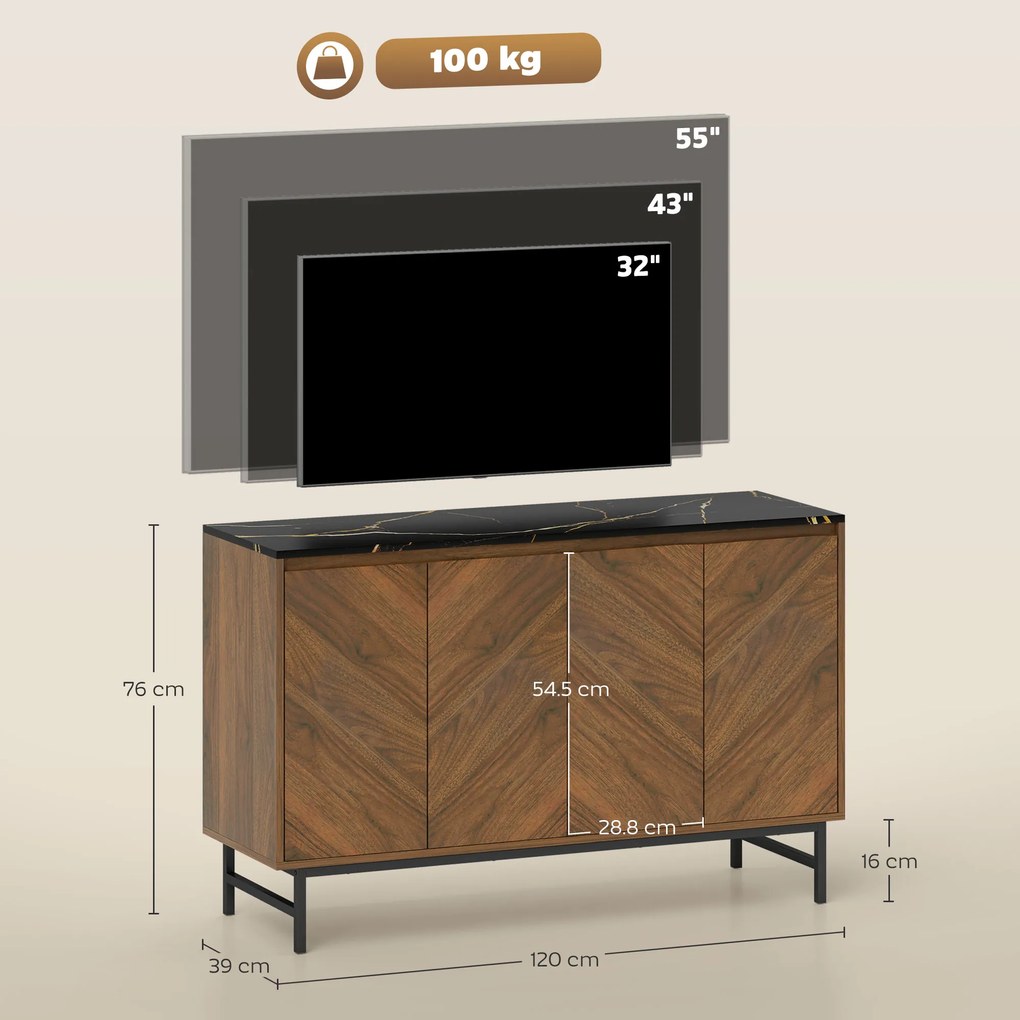 HOMCOM Mobilier TV, mobilier pentru televizor cu 4 uși, blat cu efect marmorat, rafturi reglabile, 120x39x76cm, nuc | Aosom Romania