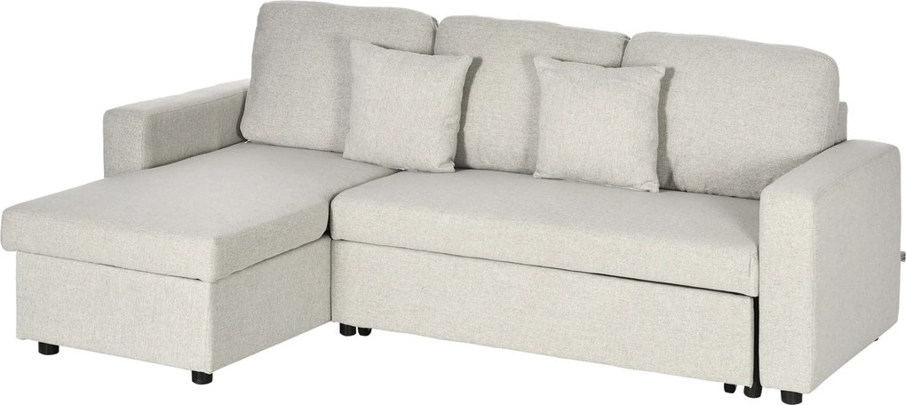HOMCOM Canapea Extensibilă de Colț în Formă de L, Cu Șezlong Convertibil și Spațiu de Depozitare, Tapițerie Crem cu Efect de In, Perne Incluse | Aosom Romania