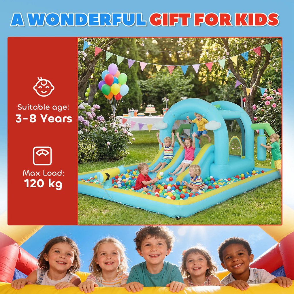 AIYAPLAY Castel Gonflabil Acvatic 7 în 1 cu Suflantă 2 Tobogane Trambulină Piscină Coș Coloană de Box 426x360x198 cm | Aosom Romania