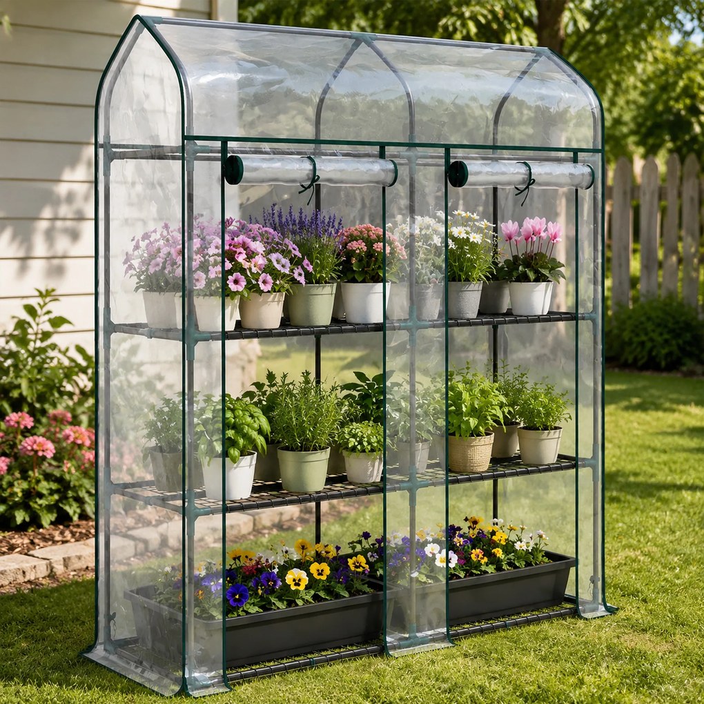 Outsunny Seră pentru Balcon cu 3 Rafturi și 2 Uși Rulabile, Cadru din Oțel și Husă PVC, 143x46x165 cm, Transparentă | Aosom Romania