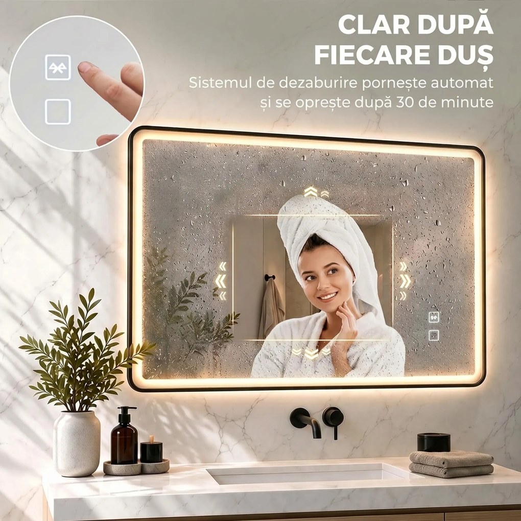 HOMCOM Oglindă de baie LED cu Bluetooth și antiaburire, 100x70 cm, negru | Aosom Romania