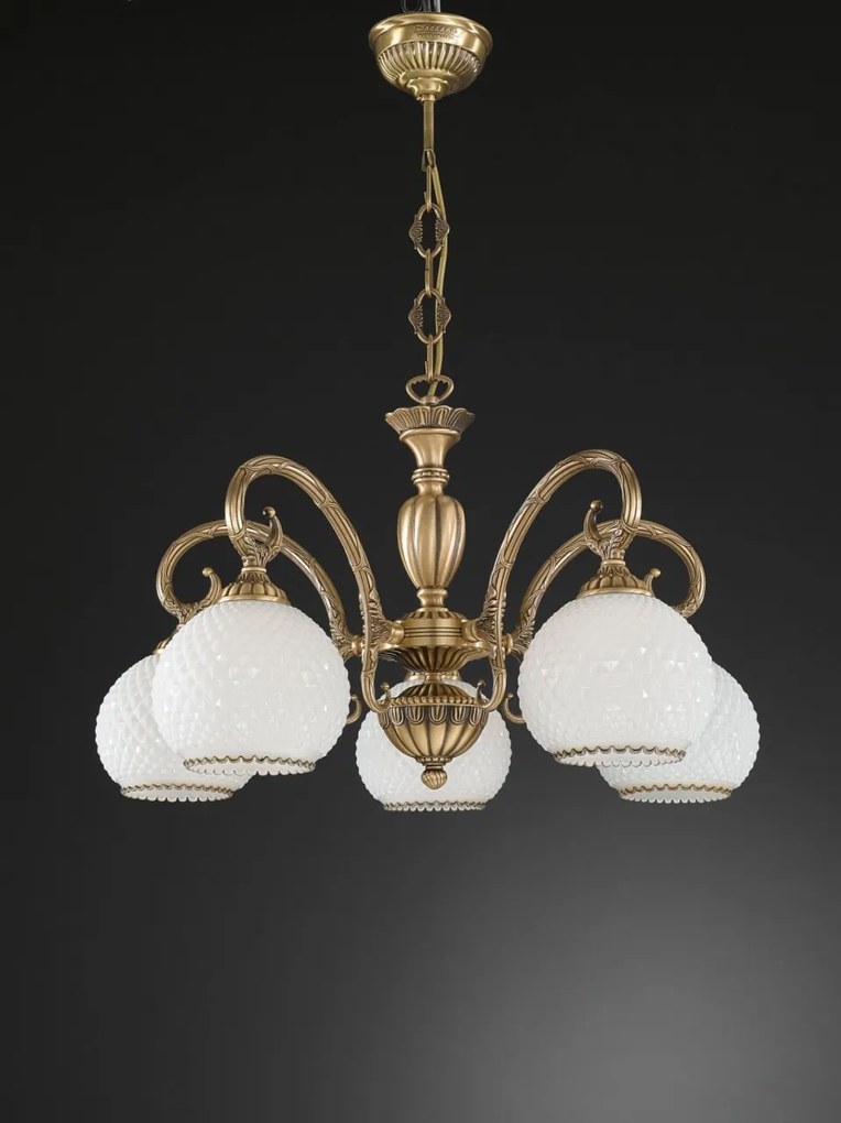Candelabru cu 5 brate clasic design italian din alama, sticla 8400 RA-L. 8400/5
