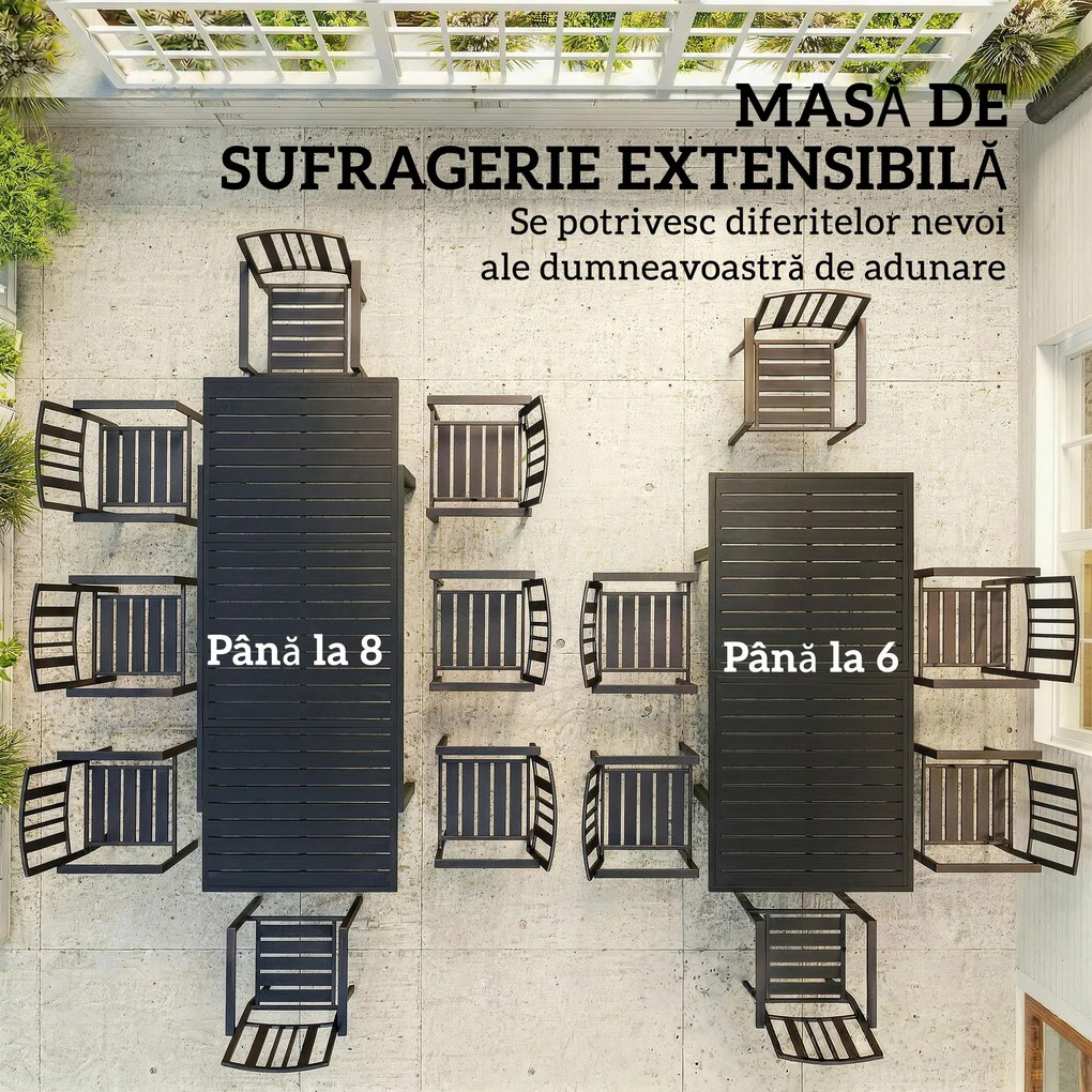 Outsunny Masă de Grădină Extensibilă pentru 6-8 Persoane, Aluminiu cu Blat cu Lamele, Negru | Aosom Romania