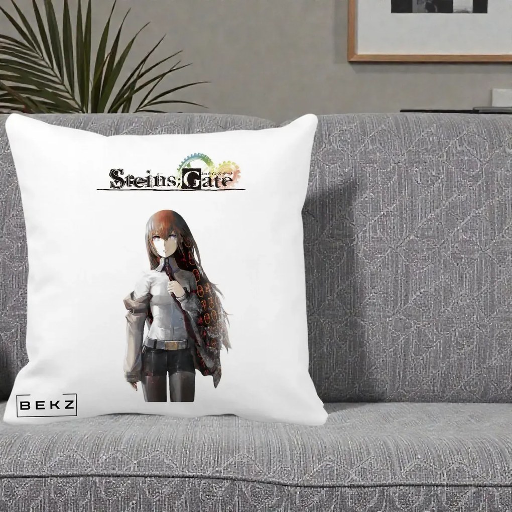 Perna Personalizata Steins Gate Kurisu Makise Anime, 40x40 cm, Alba Mata, Husa Detasabila, Perna Inclusa, BEKZ®