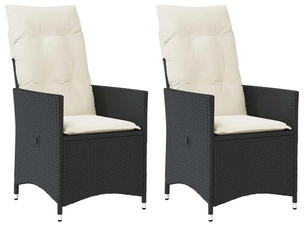 vidaXL Scaune de grădină rabatabile cu perne, 2 buc., negru, poliratan