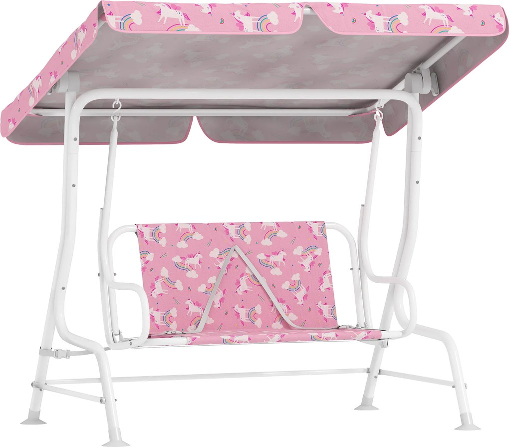 AIYAPLAY Leagăn pentru Copii de Exterior cu 2 Locuri, Acoperiș Reglabil și Centuri de Siguranță, Leagăn Grădină și Interior din Oțel și Material Oxford, Max 60 kg, 112x75x120 cm, Roz | Aosom Romania