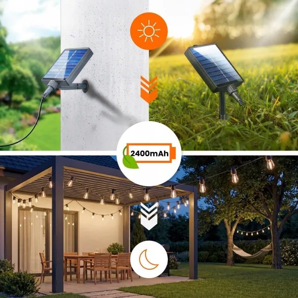 Ghirlandă decorativă LED solară reglabilă 20xE27/3V USB 2400 mAh 20,62 m IP65 negru + telecomandă