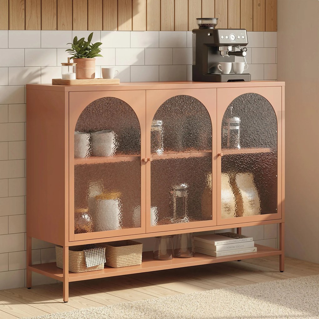 HOMCOM Bufet pentru living, mobilier de depozitare cu 3 uși vitrate arcuite și raft deschis, 140 x 40 x 105 cm, ruginiu | Aosom Romania