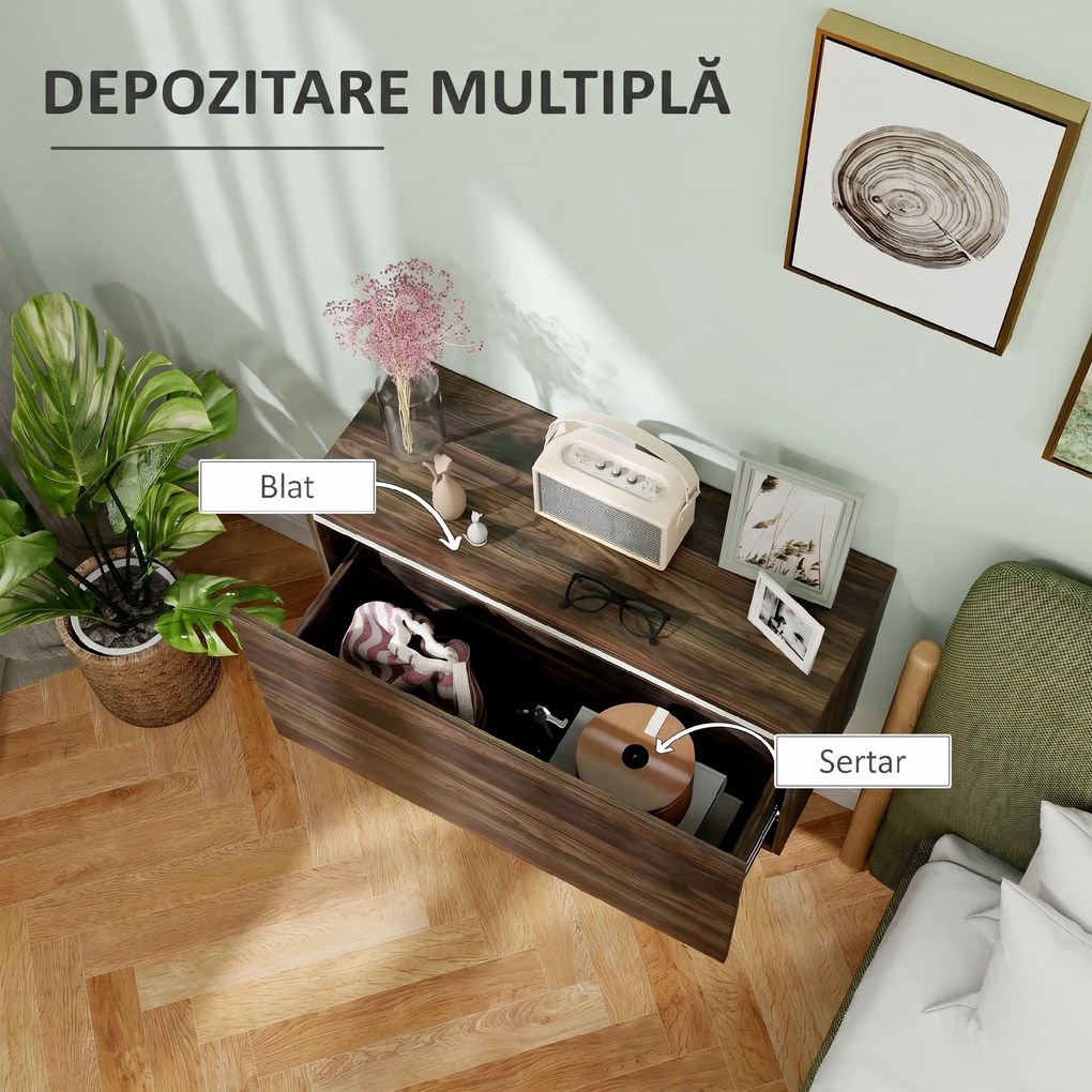 HOMCOM Noptiera Suspendată cu Montare pe Perete și Sertar de Depozitare, 80x30x45 cm, Maro | Aosom Romania