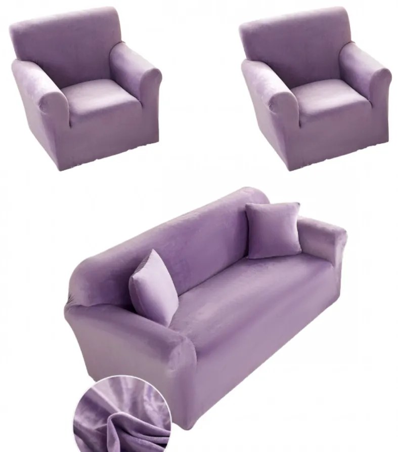 Set huse elastice din catifea pentru canapea 3 locuri + 2 fotolii, cu brate, lila, HCCJS-12