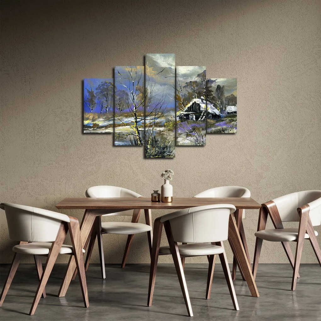 Tablou -Cabane într-un peisaj de iarnă, pictură în ulei (150x105 cm)