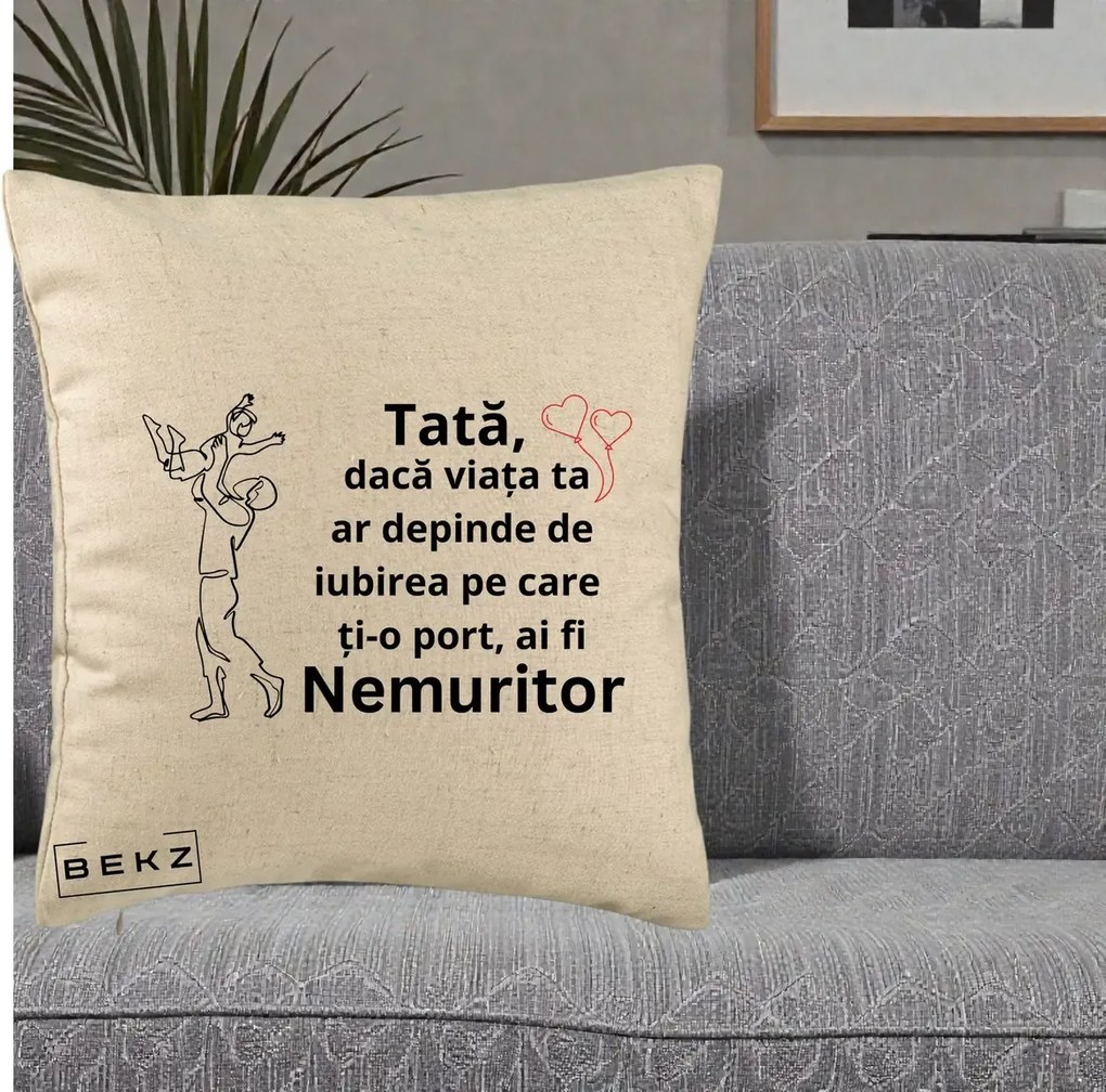 Cadou pentru Tata - Perna Personalizata Tata Nemuritor Joaca in Aer, 40x40 cm, Bej, Husa Detasabila, Perna Inclusa, BEKZ®