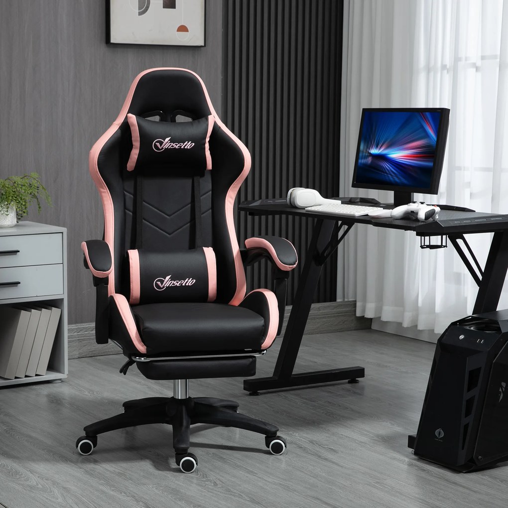 Scaun de Gaming Premium, Piele Ecologică PU, Oțel, Înălțime Ajustabilă, Spătar Inclinabil, 65x65x121-129 cm, Roz și Negru | Aosom Romania