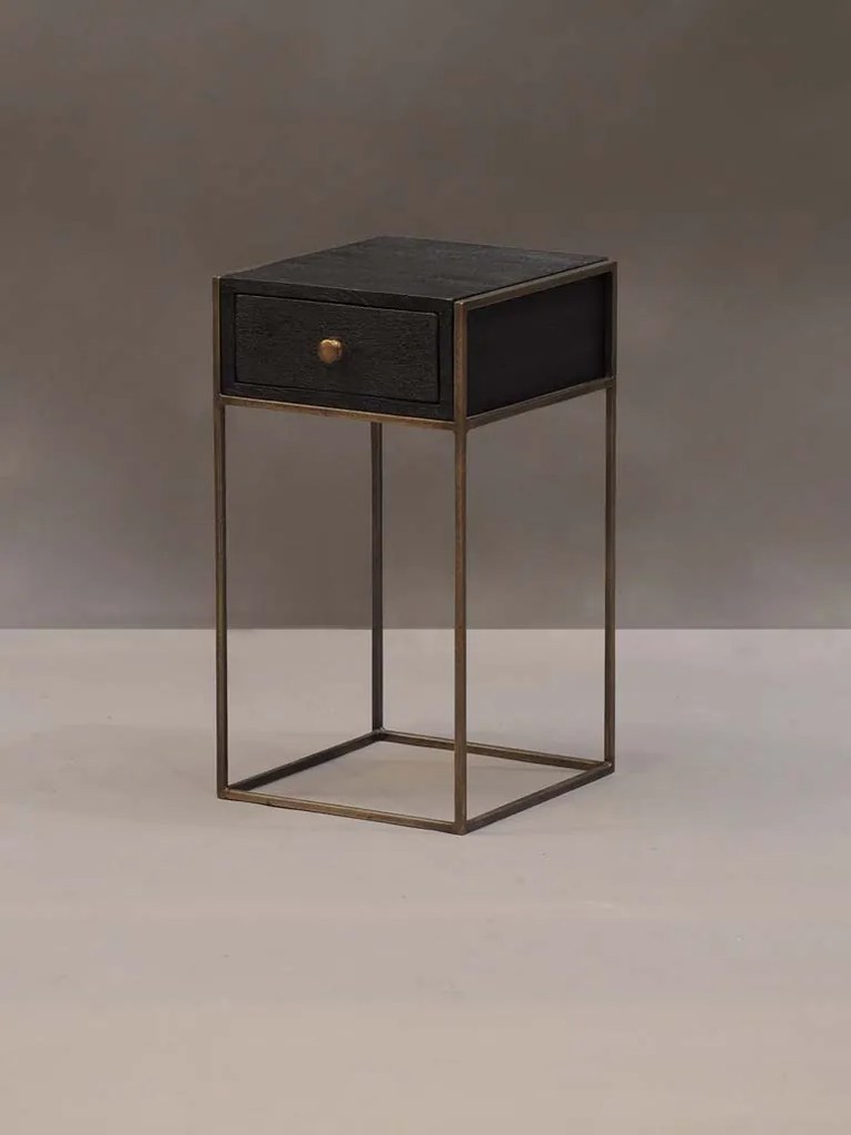Noptieră din lemn de mango, negru, cu sertar și cadru din metal auriu, 57 x 31 x 35 cm, „Black”