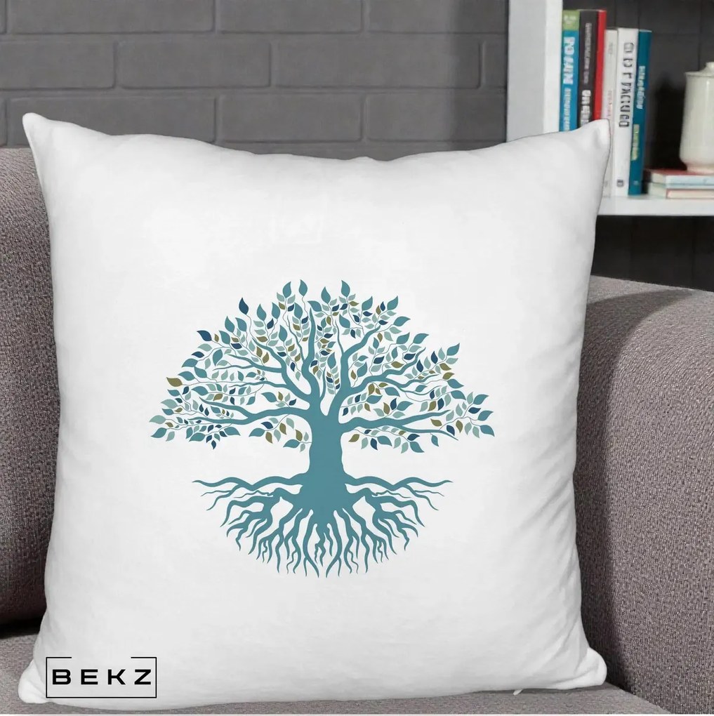 Perna Decorativa Copacul Vietii Teal cu Radacini, 40x40 cm, Alb Pufos, Husa Detasabila, Perna Inclusa, BEKZ®