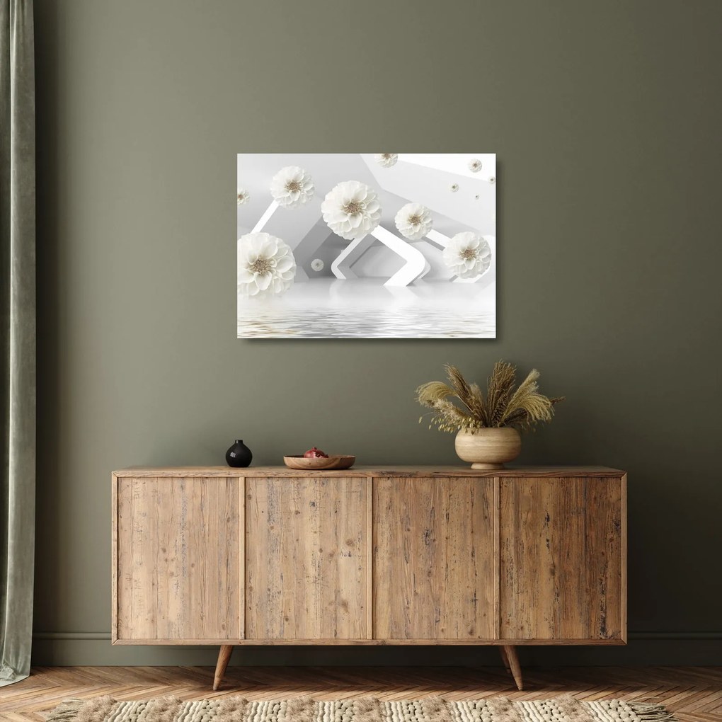 Tablou pe sticlă abstract cu flori albe (70x50 cm)