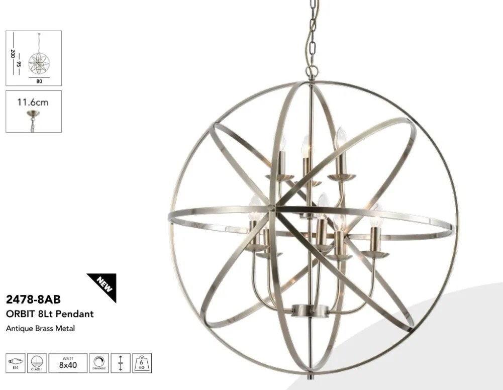Lustra suspendata stil traditional Orbit 8Lt, alama antic