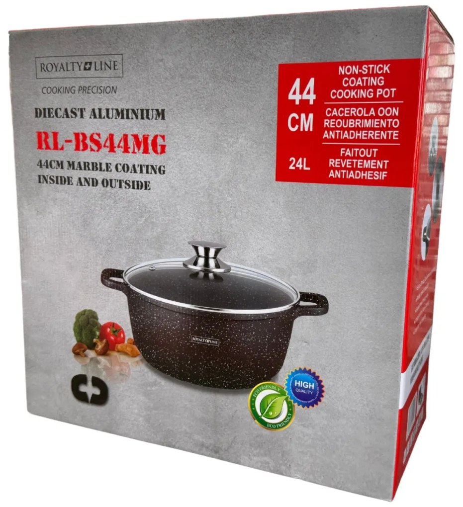 Oala mare, 24 litri, 44 cm tip cratita marmorata antiaderenta, cu capac, pentru zacusca, bulion, gemuri, cu protectie manere din silicon Royalty Line