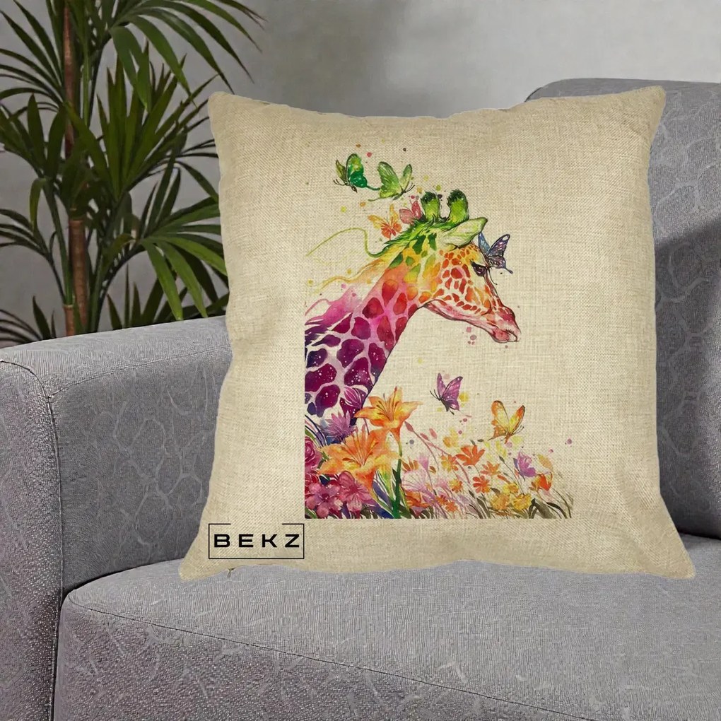 Perna Decorativa Girafa Curcubeu Acuarela, 40x40 cm, Crem, Husa Detasabila, Perna Inclusa, BEKZ®