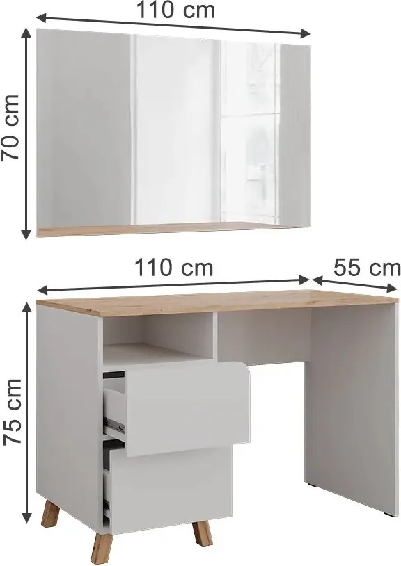 Masuta machiaj cu Oglinda LED si 2 Sertare pentru Cosmetice, Set Masa toaleta 110 cm, Alb, masuta cosmetica, vanity - SEA913